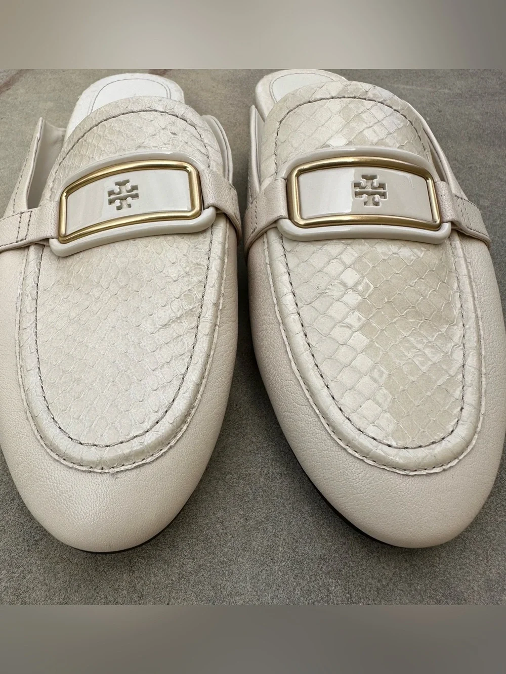 Tory Burch Georgia Backless Loafer Mules Cream Snake Embossed Logo Buckle NEW 10